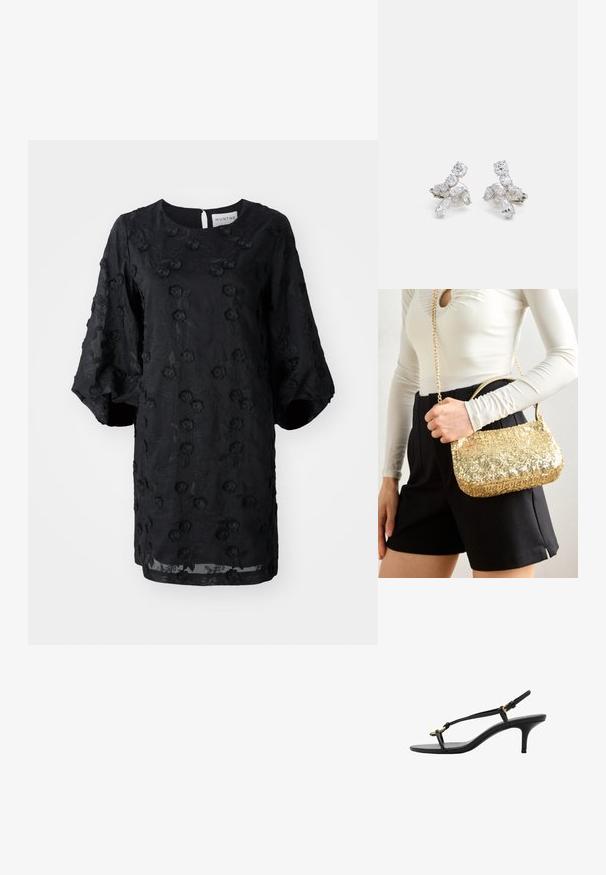 Crna haljina s teksturiranim cvjetnim vezom, okruglim izrezom i kratkim napufanim rukavima. Lagani materijal s krojem do koljena.; Crne kožne sandale s kitten heel potpeticama, tankim trakama, zlatnom kopčom i minimalističkom petom za prste, na bijeloj pozadini.; Zlatna torbica od sekvenci u pravokutnom obliku, s kratkom ručkom i dugim lancem za nošenje. Tekstura je sjajna i reflektivna.; Nakit od srebrne boje s prozirnim, sjajnim kamenjem različitih oblika, uključujući okrugle i marquise, raspoređeni u cvjetni uzorak.