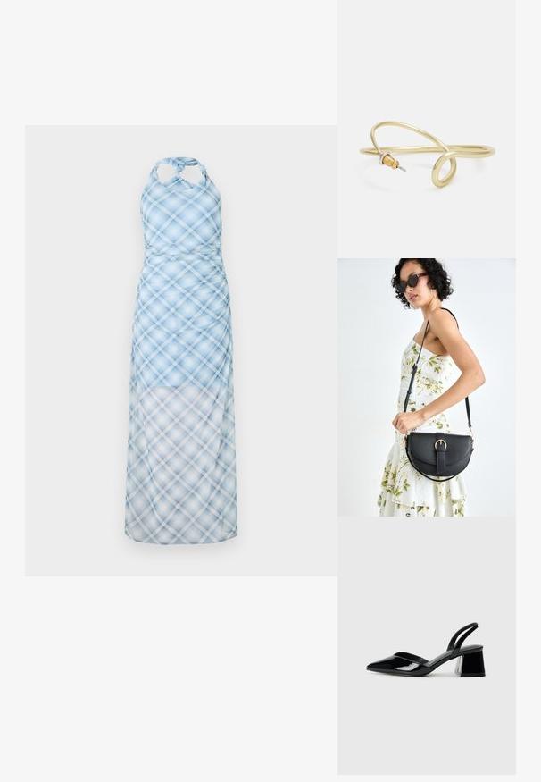 Robe halter bleu clair avec un motif à carreaux, dotée d'un corsage ajusté et d'une jupe fluide et transparente. Le matériau semble léger et lisse.; Escarpins en cuir verni noir avec bout pointu et talon bloc géométrique. Présente un design élégant et minimaliste ainsi qu'une texture lisse.; Sac à main en cuir noir avec une forme courbée, bandoulière amovible et des accessoires en or. Le sac est doté d'un rabat avec un détail de boucle.; Bracelet en métal couleur or avec un design fluide et courbé. Présente un petit accent argenté proéminent à une extrémité.