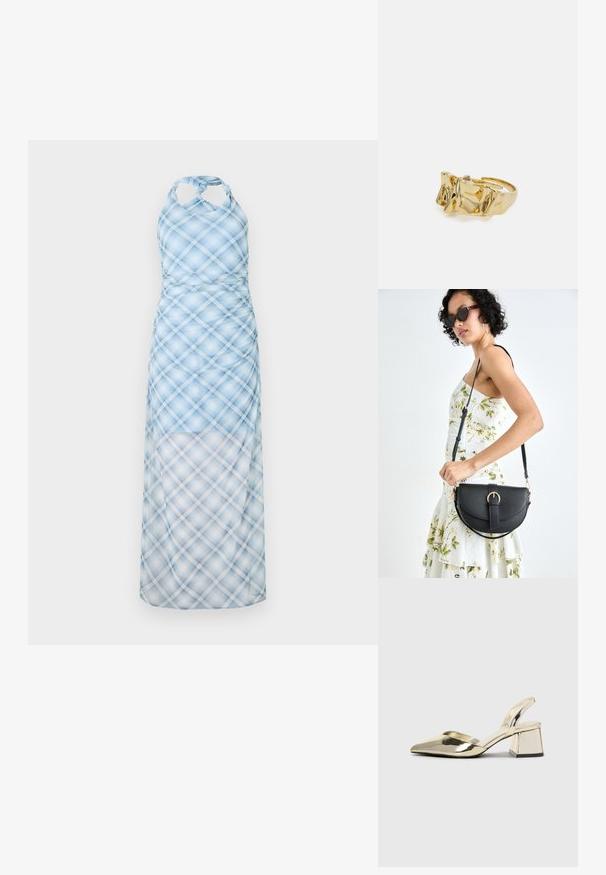 Vaaleansininen olkaimeton mekko, jossa on ruudullinen kuvio, tiukasti istuva yläosa ja virtaava, läpikuultava hame. Materiaali näyttää kevyeltä ja sileältä.; Kultaiset, metalliset slingback-kengät, joissa on teräväkärkiset ja paksut korot. Sileä pinta, minimalistinen muotoilu ja kapea hihna.; Musta nahkainen käsilaukku, joka on kaareva muotoilultaan, irrotettavalla hihnalla ja kultaisilla yksityiskohdilla. Laukussa on läppä, jossa on solk yksityiskohta.; Kullanışlı bir ayarlanabilir yüzüğe sahip, üç belirgin zirveye sahip dokulu, dalgalı düzene sahip altın yüzük. Düzgün, parlak yüzey ve açık bant ile tasarlanmış.