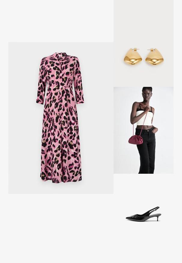 Rosa midikjol med svart och brun leopardtryck, med knapplist framtill, krage och trekvartslång ärm. Slät satinliknande textur.; Svart läderslingback med spetsig tå, låg klack i kattunge-stil och veckdetalj på framdelen. Slät textur och minimalistisk design.; Burgundy mjukt tyg handväska med en samlad design och en lång rem, bärs över kroppen. Modellen bär en vit crop top och svarta jeans.; Guldtonade metallörhängen med en slät, rundad triangulär form och design med postback; reflekterande yta med minimal detaljering.