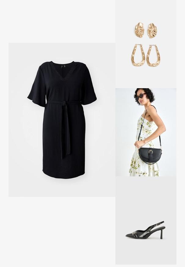 Juoda kelių ilgio suknelė su trumpomis, išplėstomis rankovėmis, V formos iškirpte, nėrinių detalėmis ir audinio diržu, kuris apibrėžia juosmenį. Lygus, tekstūruotas audinys.; Juodas lakuotas odinis batelis su smailiu pirštu, kulkšnies dirželiais su sidabrinėmis sagtimis ir detalėmis, bei plonu kulnu.; Juodas odinis krepšys su išlenkta forma, nuimamu dirželiu ir auksiniais detalėmis. Krepšys turi kilpą su sagtimi.; Auksinės auskarai, turintys tekstūruotus, bangų formos elementus. Įeina skulptūriniai segami auskarai ir atviri lankai su išmuštu paviršiumi.