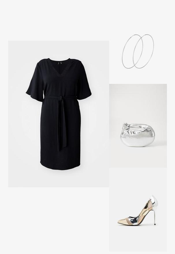 Black knee-length dress with short, flared sleeves, V-neck, lace detailing, and a fabric belt for a defined waist. Smooth, textured fabric.; Pointed-toe high heel shoe with a silver, gold, and nude color scheme. Glossy finish with cutout design, featuring a stiletto heel.; Silver metallic pouch bag with a soft, rounded shape and a knotted top closure. Made from smooth faux leather material.; Silver hoop earrings with a minimalist design. Circular shape, smooth texture, and thin profile. Lightweight with a polished finish.