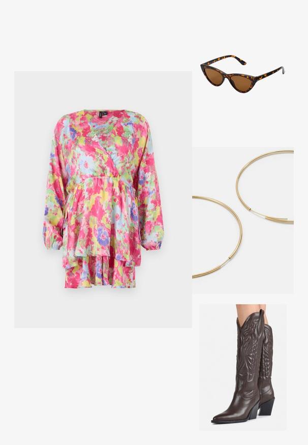 Cvetlična bluzica v roza, rumeni in modri barvi, z dolgimi rokavi, gathered pasom in plastificiranim peplumom. Lahka, teksturirana tkanina.; Rjave usnjene kavbojske čevlje z ostrim nosom in blok peto, ki vsebujejo podrobno šivanje in dvignjene dodatke na zgornjem delu.; Mačje oči sončna očala z okvirom v črno-oranžni želvej ohišji, rjavimi lečami in elegantnimi, ostrimi konicami. Imajo minimalistični logo na ročaju.; Zlate obroče ušesne uhane, tanke in krožne oblike, z gladko kovinsko površino brez okrasnih elementov ali vzorcev.