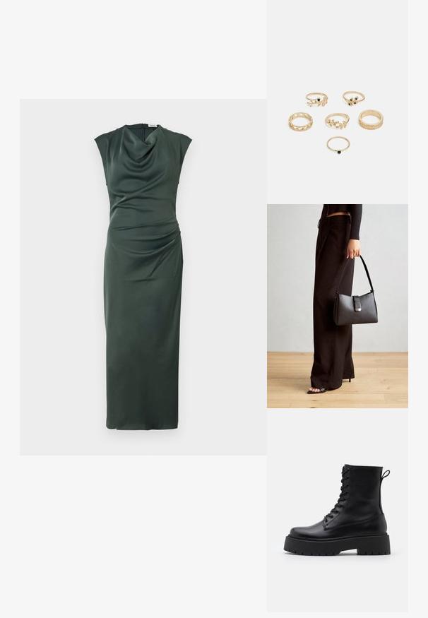 Modström TAILOR jasnozielony; Czarne skórzane botki za kostkę z okrągłym noskiem, sznurówką z przodu i grubą gumową podeszwą z teksturowanym bieżnikiem. Pętelka do zakładania z tyłu.; Czarna torebka o usztywnionym kształcie, gładkiej fakturze i metalowym zapięciem. Połączona z szerokimi czarnymi spodniami i sandałami na otwartym palcu na drewnianej podłodze.; Zestaw sześciu złotych pierścionków o różnych wzorach: plecione, z motywami liści oraz gładkie obrączki; niektóre z akcentami zielonych kamieni szlachetnych.