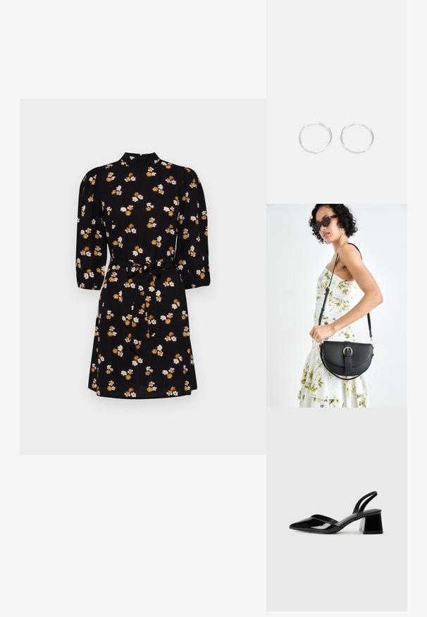 Rochie neagră cu gât înalt, mâneci bufante de trei sferturi și talie cu brâu. Prezintă un model floral în alb și portocaliu.; Pantofi cu toc slingback din piele lacuită neagră, cu vârf ascuțit și toc geometric. Prezintă un design elegant, minimalist și o textură netedă.; Geantă din piele neagră, cu o formă curbată, curea detașabilă și accesorii aurii. Geanta are un capac cu un detaliu tip cataramă.; Cercei din argint cu un design elegant și rotund, având o suprafață netedă și fără embellismente vizibile. Diametrul nu este specificat.