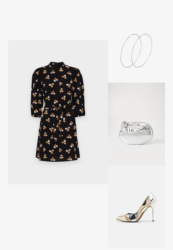 Črna obleka z visokim ovratnikom, rokavi do tri četrtine s pufastim videzom in pasom z obročem. Ponaša se z cvetličnim vzorcem v beli in oranžni barvi.; Čevlji z visoko peto in konico, v barvni kombinaciji srebrne, zlate in nude. Sijajna obdelava z izrezljanim dizajnom, z igličasto peto.; Srebrna kovinska torbica z mehko, zaobljeno obliko in zavezano zgornjo zaporo. Narejena iz gladkega umetnega usnja.; Srebrne uhane v obliki obroča z minimalističnim dizajnom. Krožna oblika, gladka tekstura in tanek profil. Lahki s poliranim zaključkom.