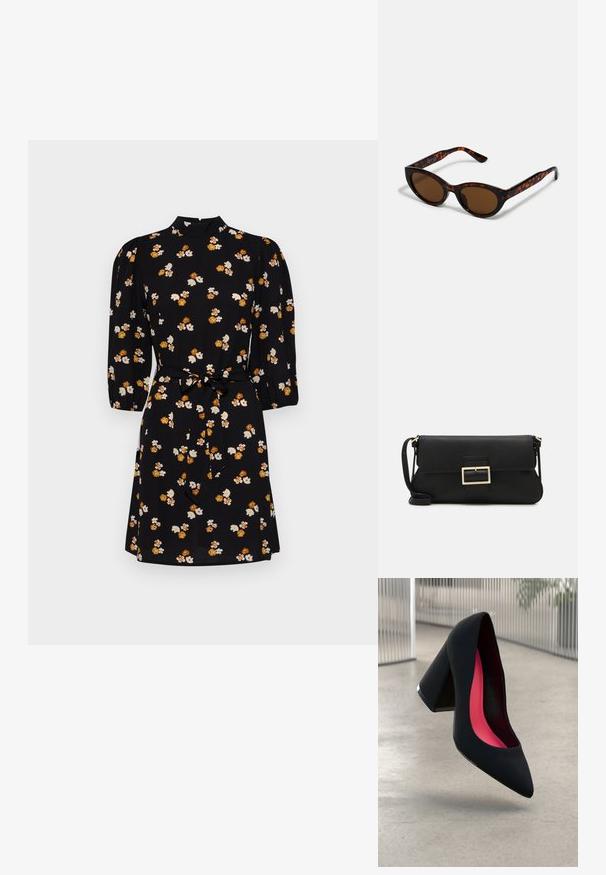 Čierne šaty s vysokým výstrihom, trojštvrťovými pufovými rukávmi a opaskom v páse. Obsahujú kvetinový vzor v bielej a oranžovej farbe.; Čierna lodička na vysokom opätku s špicatou špičkou, štruktúrovaným povrchom a živým ružovým interiérom. Obsahuje robustný opätok so strieborným akcentom.; Hnedé slnečné okuliare v štýle tortoiseshell s vintage cat-eye tvarom a hnedými sklami. Majú zakrivené ramienka s červenými akcentmi.; Čierna kožená clutch taška s klopou a zlatým kovovým detailom s prackou. Obsahuje čierny remienok a elegantný, minimalistický dizajn.; Zlaté kruhové náušnice s hladkým, lesklým povrchom. Cirkulárny dizajn s malým steblom a jasným záznamom pre bezpečné nosenie.