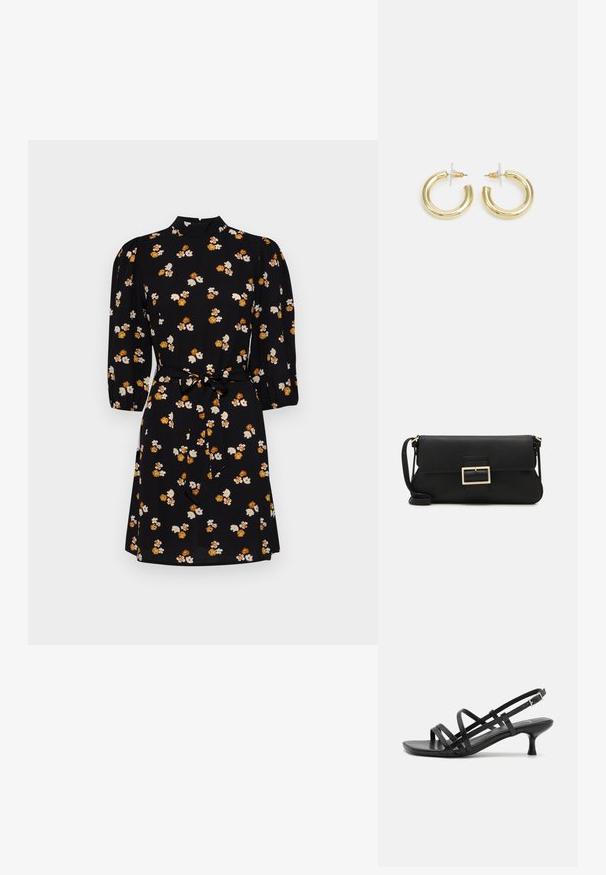 Mustmust, mille kõrge kaelusega, kolmeveerandi puhvvarrukatega ja vöödiga. Omab valge ja oranži lillemustreid.; Mustad musta kandaga sandaalid, millel on mitmed risti minevad rihmad. Sile materjal, terav nina ja kitsas konts. Reguleeritav pahkluuri rihm klambriga.; Must haben musta nahkklahviga kott, millel on klapp ja kuldne metallist pandla detail. Kaasas must rihm ja stiilne, minimalistlik disain.; Kuldne rõngassõrmused sileda ja läikiva viimistlusega. Ringikujuline disain, millel on väike post ja selge tagumine külg, et tagada kindel kandmine.