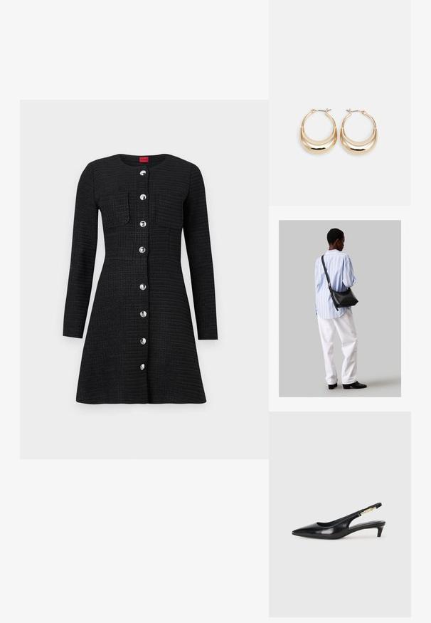 Svart teksturert kjole med lange ermer, rund halsutskjæring, knapplukking foran, to brystlommer og blanke sølvknapper.; Sorte lærreim hæler med spiss tå, som har en slank hæl og en gullfarget detalj på den justerbare stroppen. Glatt tekstur.; Svart lær skulderveske med en myk tekstur, trekantet form og justerbar stropp, kombinert med en lyseblå stripete skjorte og hvite bukser.; Gulltonede hoop-øreringen med en halvmåneform, polert overflate og hengsel-lukking. Glatt tekstur og reflekterende finish øker synligheten.