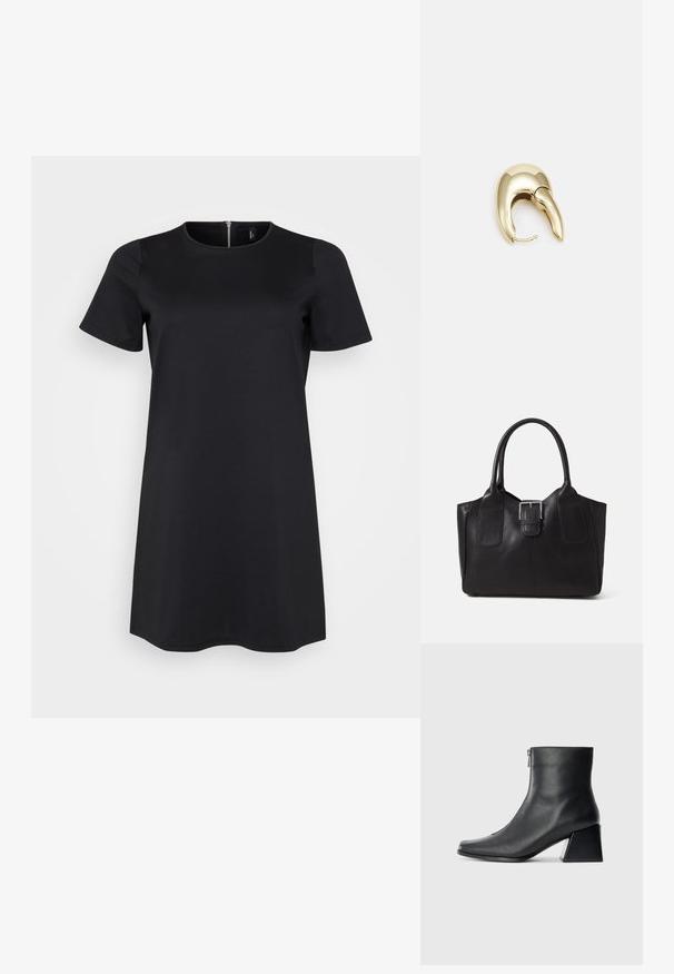 Crna haljina s kratkim rukavima, okruglim izrezom i patentnim zatvaračem na leđima. Izrađena od glatkog, rastezljivog materijala za udobnost.; Crne kožne gležnjače sa četvrtastim vrhom, bočnim patentnim zatvaračem i blok petom na jednostavnoj svijetloj pozadini.; Crna kožna torba za nošenje s glatkom teksturom, strukturiranim oblikom, dvije ručke i istaknutim srebrnim kopčanjem na prednjoj strani.; Zlatne metalne naušnice s elegantnim, zakrivljenim dizajnom. Imaju karakterističan šiljast oblik, poliranu površinu i zatvaranje na šarku.