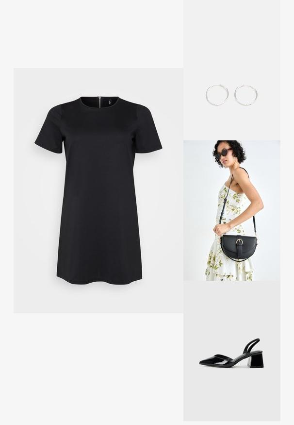 Crna haljina s kratkim rukavima, okruglim izrezom i patentnim zatvaračem na leđima. Izrađena od glatkog, rastezljivog materijala za udobnost.; Crne lakirane kožne sandale s otvorenom petom i špicastim vrhom, s geometrijskom blok petom. Imaju elegantan, minimalistički dizajn i glatku teksturu.; Crna kožna torba s lukovitim oblikom, odvojivim remenom i zlatnim detaljima. Torba ima preklop s kopčom.; Srebrne okrugle naušnice jednostavnog dizajna, s glatkom površinom i bez vidljivih ukrasa. Promjer nije specificiran.