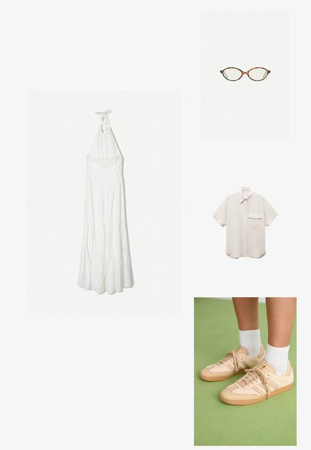 Rochie maxi albă cu decolteu halter, cu un corset plisat, fustă în straturi și material ușor, potrivită pentru vreme caldă.; Cămașă cu mânecă scurtă, de culoare bej deschis, cu închidere prin butoni și un singur buzunar pe piept. Fabricată dintr-un material moale, texturat.; Picioare încălțate cu adidași Adidas bej țesuți, cu talpa din cauciuc natural, și ciorapi albi până la gleznă, pe o podea verde texturată.; Ochelari cu ramă din tartan, cu lentile ovale și un finisaj elegant, neted. Prezintă margini subțiri cu o curbură subtilă la tâmple. Lentile clare.