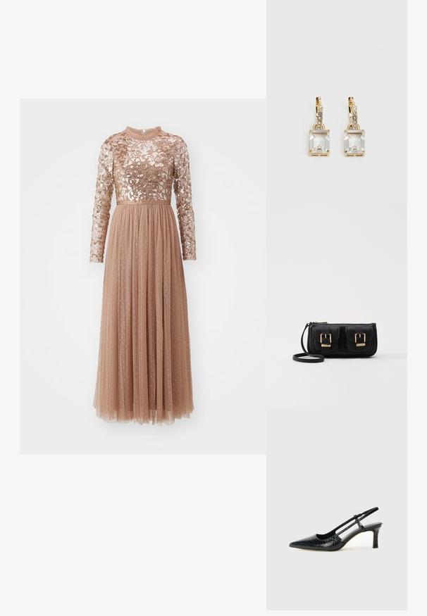 Needle & Thread TEMPEST BODICE ANKLE GOWN - Festklänning - caramel; Svart lackskin slingback-häl med spetsig tå, med texturerad ormskinnsprint, justerbar rem och en kort, texturerad blockklack.; Svart läderaxelväska med två framfickor, guldspännen, dragkedjestängning och en smal rem. Texturerad yta och kompakt rektangulär form.; Guldtonade örhängen med en rektangulär, klar kristall som hänger under en rad av små, runda klara accenter. Snygg, modern design.