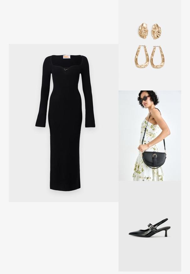 Svart stripete langermet kjole med firkantet utringning og hjerteformet detalj på brystet. Figurtilpasset design som rekker til midt på leggen.; Svarte patent lær slingback hæler med spiss tå og en liten blokkheel, med en sølvspenne som detalj på stroppen.; Svart lærveske med en buet form, avtagbar stropp og gullbeslag. Vesken har et klaff med spenne-detall.; Gullfargede øredobber med teksturerte, bølgete former. Inkluderer skulpturelle klipsstuds og åpen hoop-design med en hamret finish.