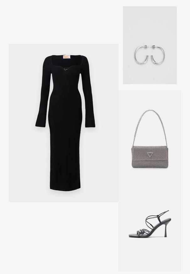 Mustat ribbikangasta pitkät hihat mekko, jossa on neliön muotoinen pääntie ja sydämen muotoinen korostus rinnassa. Muotoileva malli ulottuu puoliväliin säärtä.; Mustat korkokengät sandaalit, joissa on ohuet hihnat solmittuna, sileä neliön muotoinen varvasosa ja tyylikäs stiletto-korko.; Vaalea harmaa metallinen käsilaukku, jossa on ketjusanka. Laukku on koristeltu pienillä pyöreillä metallikoruilla ja kolmion muotoisella brändilogolla.; Hopehopeet hopehopeet hopehopeet hopehopeet, jolla on sileä, kiiltävä pinta. Pyöreä muoto, kevyt rakenne, jossa on neulakiinnitys.
