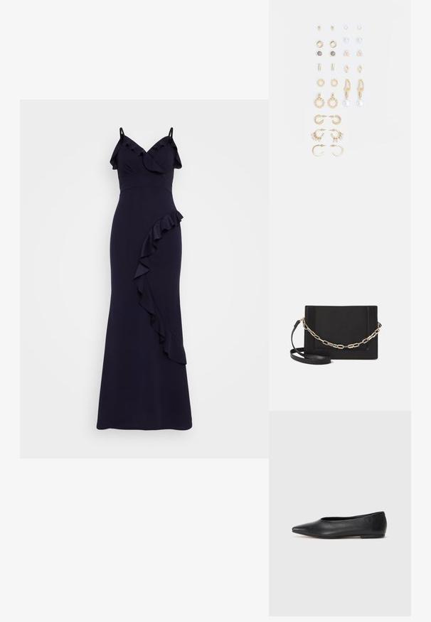 Námornícky modrá večerná šaty s ramienkami, s volánmi okolo výstrihu a bočným volánom, vyrobené z hladkej látky.; Čierne kožené baletky, špicatý špička, minimalistický dizajn, hladká textúra, nízky podpätok, bez viditeľných prvkov alebo ozdôb.; Čierna kožená crossbody taška s hladkou textúrou, obdĺžnikovým tvarom a kovovým reťazovým detailom na prednej strane. Súčasťou je nastaviteľný popruh.; Súprava náušníc v zlatom odtieni obsahujúca rôzne dizajny, vrátane puzetových, kruhových a visiacich kúskov s perlami a rhinestones.