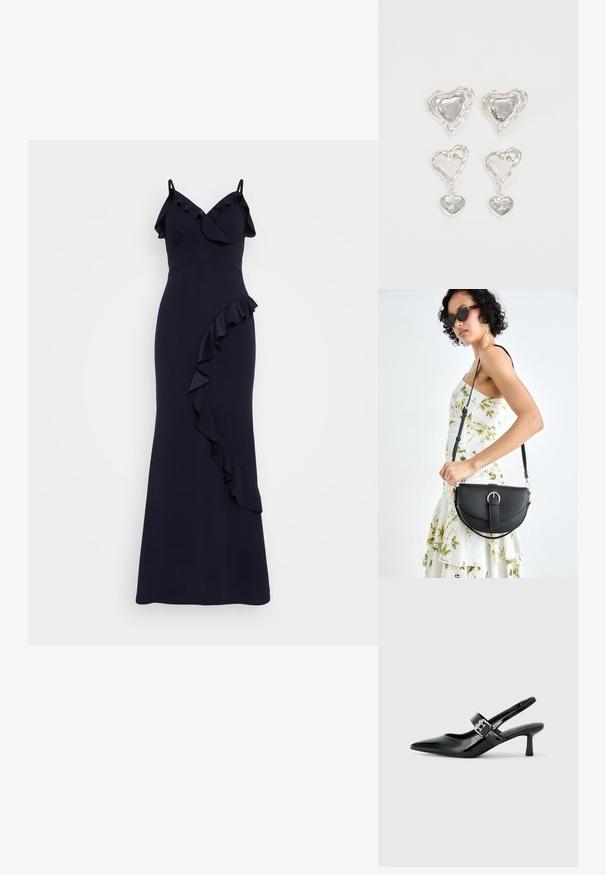 Vestido de evening azul-marinho com alças finas, detalhes em camadas na gola e um detalhe de babado numa das laterais, feito de um tecido suave.; Saltos slingback em verniz preto com bico pontiagudo e um pequeno salto bloco, apresentando um detalhe de fivela prateada na tira.; Bolsa de couro preta com forma curva, alça destacável e detalhes em dourado. A bolsa possui uma aba com detalhe de fivela.; Os brincos em forma de coração prateados apresentam pedras claras facetadas, com uma moldura texturizada. O conjunto inclui estilos de botão e de gota.
