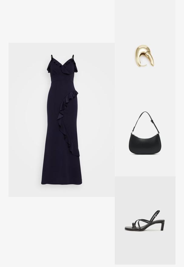 Večerna obleka v mornarsko modri barvi z naramnicami, ruffled okrasitvami na dekolteju in stransko ruffled podrobnostjo, izdelana iz gladkega materiala.; Črne natikače s trakovi in kvadratnim prstom ter nizkim blokastim peto. Imajo več tankih trakov in nastavljiv trak okoli gležnja. Narejene so iz gladkega usnja.; Pieces PCALUANA SHOULDER BAG - Torbica - black; Uhane nakit iz zlatastega tona z gladko, ukrivljeno zasnovo. Ima edinstveno koničasto obliko, polirano površino in zaponko s tečajem.