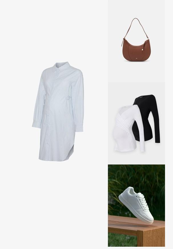 Striped shirt dress in light blue and white, made from cotton. Features a collar, long buttoned sleeves, and an adjustable tie at the waist.; Two long-sleeve maternity tops in white and black. Features a crossover design, soft fabric, and curved hemline for comfortable fit.; White sneaker with a smooth synthetic upper, perforated toe box, flat laces, and a textured sole, displayed on a wooden surface.; Brown faux leather shoulder bag with curved shape, minimal stitching, and a gold-tone hardware accent. Features a top zipper closure and adjustable strap.
