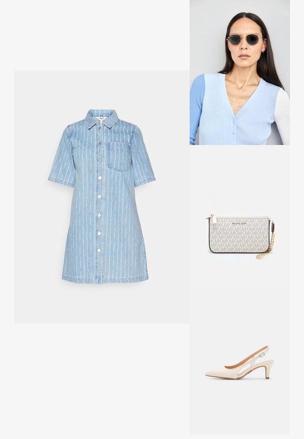 Vaaleansiniinen denimi mekko, jossa on lyhyet hihat, pystysuorat valkoiset raidat, kauluspääntie, etupainonappi suljenta ja yksi rintatasku.; Valkoinen slingback-korkokenkä, jossa on terävä kärki, sileä päällismateriaali, matala lohkokorko ja sivuaukko-design säädettävällä soljella.; Pyöreät aurinkolasit, joissa on tummat linssit ja kultaiset kehykset. Mallilla on päällään vaaleansininen, ribatusta materiaalista valmistettu neuletakki, jossa on napit ja kontrastiväriset valkoiset hihat.; Michael Kors kääröbeige pinnoitettua kangasta, jossa on toistuva MK-logo -kuvio, kultaiset yksityiskohdat ja irrotettava ketjuhihna.