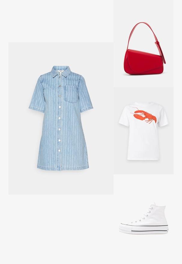 Hele helesinist sinine teksatooted riided, lühikeste varrukatega, vertikaalsete valgete triipudega, kraega kaelus, esipaneelil nupukinnitus ja üks rinna tasku.; Valge puuvillane T-särk, mille ees on suur erkpunane homaarigraafika. Lühikesed varrukad ja tavaline ümar kaelus.; Valge kõrgem kangast tenniseking, millel on must kummist tald, ees kummist varvasetugi ja kuus aukku paelte jaoks, pakkudes puhta ja minimalistliku disaini.; Punane nahast käekott, millel on nurkadega geomeetriline disain. Omab ühte reguleeritavat rihma ja klappidega sulgemist, millel on õmblustega kaunistused.