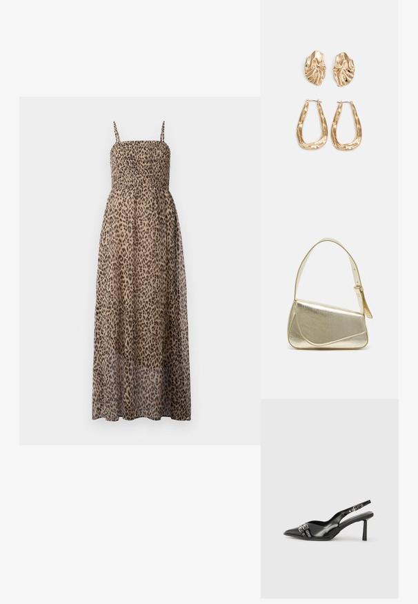 Leopardmønstret maxikjole med smocked bærestykke, tynde stropper og gennemsigtigt stof. Har et let og flydende design.; Sorte patentlær slingback-sko med spiss tå, ankelremmer med sølvspenner og detaljer, og en slank hæl.; Gullfarget metallisk håndveske med en strukturert design, glatt tekstur og justerbar stropp. Har en unik trekantet form og minimalistisk søm.; Gullfargede øredobber med teksturerte, bølgete former. Inkluderer skulpturelle klipsstuds og åpen hoop-design med en hamret finish.