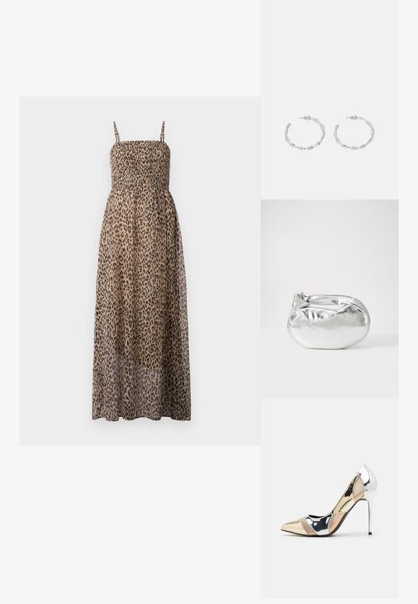 Lauvas rakstura maksi kleita ar uzšūtu krūšu daļu, plānām siksnām un caurspīdīgu audumu. Raksturīga plūstoša, viegla konstrukcija.; Apspīlēta augstpapēžu kurpe ar zeltītu, sudrabi un neitrālu krāsu kombināciju. Spīguļojoša virsma ar izgriezuma dizainu, aprīkota ar stiletto papēdi.; Sudraba metāliska poga somiņa ar mīkstu, noapaļotu formu un mezgla augšējo aizdari. Izgatavota no gludas mākslīgās ādas materiāla.; Sudraba gredzenveida auskari ar savītu dizainu, kas ir ar pulētu apdari un ar aizmugurēju fiksāciju. Izmērs ir aptuveni 3 cm diametrā.