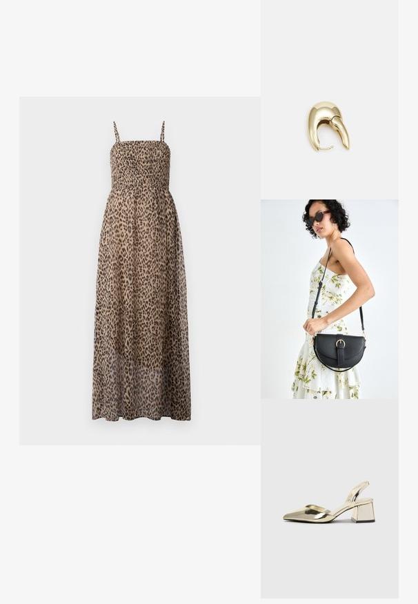 Maxiklänning med leopardmönster, smockad bodice, tunna band och genomskinligt tyg. Har en flödande, lätt design.; Guld, metalliska slingback-klackar med spetsig tå och chunky klack. Slät textur, minimalistisk design och en smal rem.; Svart läderhandväska med en böjd form, avtagbar rem och guldiga detaljer. Väskan har ett lock med en spänndetalj.; Örhänge i guldtonad metall med en elegant, böjd design. Har en distinkt spetsig form, polerad yta och gångjärnslås.