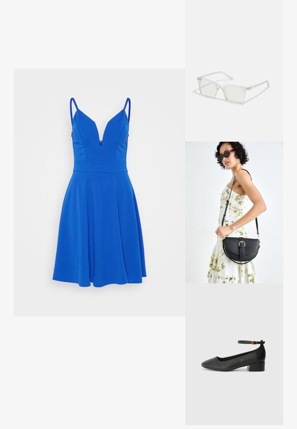 Vestido azul sem mangas com gola em V profunda, corpete justo e saia rodada. Feito de um tecido suave com um fecho oculto nas costas.; Sandal de pele preta com bico pontiagudo e um salto bloco baixo. Apresenta uma tira no tornozelo com uma fivela em tom dourado. Textura suave.; Óculos quadrados de plástico transparente com lentes translúcidas, apresentando detalhes em dourado nas hastes.; Bolsa de couro preta com forma curva, alça destacável e detalhes em dourado. A bolsa possui uma aba com detalhe de fivela.