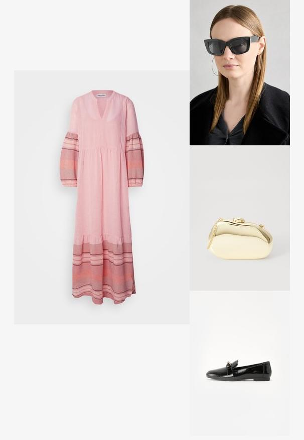 Lollys Laundry DRESS - Maxi ruha - dusty rose; Fekete lakkbőr loaferek lapos talppal, lekerekített orral és díszítő pánttal, amely aranyszínű kiegészítővel rendelkezik. Simára polírozott, fényes felület.; Fekete macskaszem napszemüveg sötét lencsékkel, vastag kerettel és diszkrét díszítésekkel. Fekete kabátot és szürke felsőt visel, hosszú egyenes hajjal.; Fémes arany színű kistáska sima, lekerekített formával, tetején gombos záródással és kis láncfogóval a hordozáshoz.