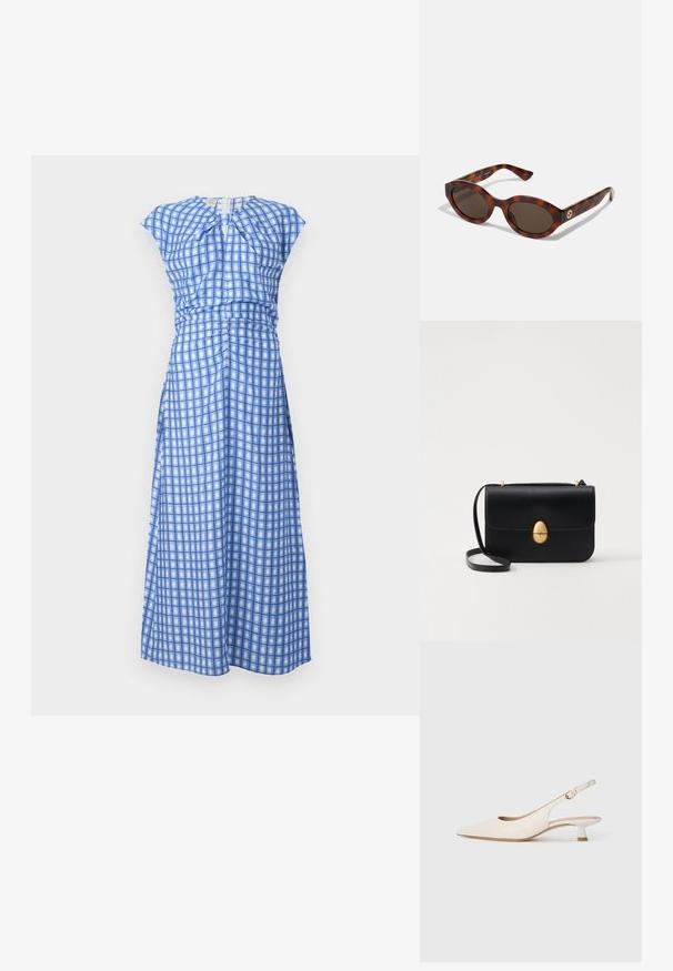 Vestido azul xadrez feito de um tecido leve. Tem uma cintura franzida, mangas curtas e um fecho nas costas em forma de lágrima.; Sapato slingback de bico fino em cor creme, com salto baixo em forma de kitten e fivela dourada, sobre fundo branco liso.; Óculos de sol tartaruga com armações arredondadas, lentes escuras e detalhes em logotipo dourado nas hastes. Material plástico suave, sem padrões visíveis.; Bolsa de mão em couro preto com uma forma rectangular estruturada. Apresenta um fecho oval dourado e uma alça para o ombro fina. Textura suave.