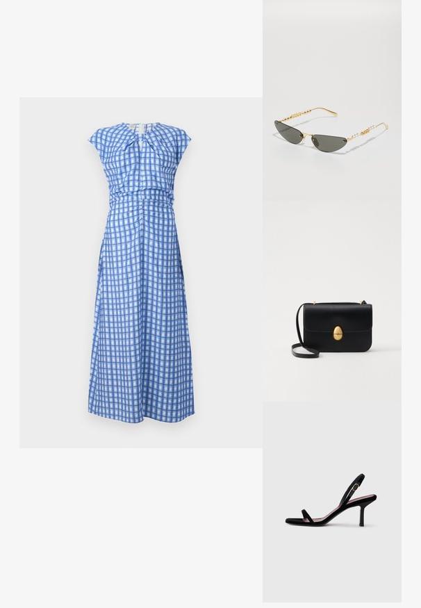 Sinine ruuduline kleit, valmistatud kergetest kangast. Omab kogutud vöökohta, lühikesi varrukaid ja võtmeaugu selja sulgemist.; Mustmust naiste kõrge kontsaga sandaalid mustast nahast kitsaste rihmadega ja kullavärvi pandlaga valgel taustal, külgvaade.; Kuldraamidega prillid tumedate hallide läätsedega. Ainulaadne kassisilma kuju. Templiosas vahelduvad kuldsed helmed ja pärliraamid.; Must kase nahast käekott, millel on struktureeritud ristkülikukujuline kuju. Omab kuldset ovaalset lukku ja õhukest õlavarre rihma. Sile tekstuur.; Kuldne sõrmus, mille sees on kroonikujundus hobuseraua sees, kaunistatud väikeste selgete kalliskividega, valge tausta peal.