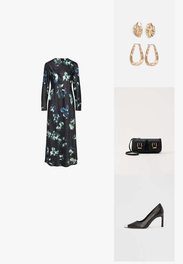 Langermet kjole i svart stoff med blomstermønster i blått og grønt. Rund halslinje med en enkel og strømlinjeformet silhuett.; Svart lærsko med høye hæler, spiss tå og metallisk sølvhette. Har en glatt finish og en slank hæl på 10 cm.; Svart skinn crossbody veske med to frontlommer, gyldne spenner, glidelåslukking og en slank stropp. Teksturert overflate og kompakt rektangulær form.; Gullfargede øredobber med teksturerte, bølgete former. Inkluderer skulpturelle klipsstuds og åpen hoop-design med en hamret finish.