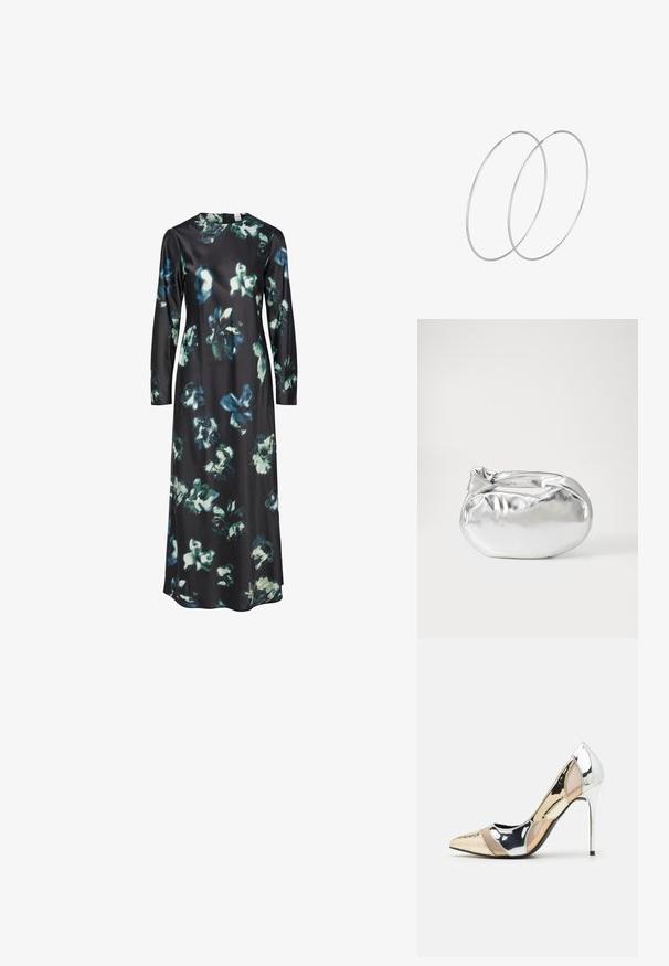 Šaty s dlhým rukávom z čiernej látky s kvetinovým vzorom v modrých a zelených odtieňoch. Hladký, okrúhly výstrih a jednoduchý, elegantný strih.; Lodičky s špičatou špičkou v striebornom, zlatom a telovom farebnom prevedení. Lesklý povrch s výrezovým dizajnom, s ihlovým opätkom.; Strieborná metalická taška s mäkkým, zaobleným tvarom a uzáverom s uzlíkom. Vyrobená z hladkej syntetickej kože.; Strieborné kruhové náušnice s minimalistickým dizajnom. Cirkulárny tvar, hladký povrch a tenký profil. Ľahké s lesklým povrchom.