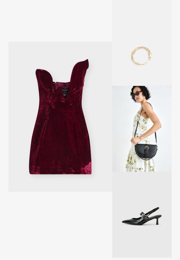 Burgundy velvet dress with a deep V-neck, sleeveless design, and side zipper. Smooth texture with a fitted silhouette.; Black patent leather slingback heels with a pointed toe and a small block heel, featuring a silver buckle accent on the strap.; Black leather handbag with a curved shape, detachable strap, and gold hardware. The bag features a flap with a buckle detail.; Gold-tone ring featuring an organic, twisted design with smooth texture and tapered ends, creating a modern, sculptural appearance.