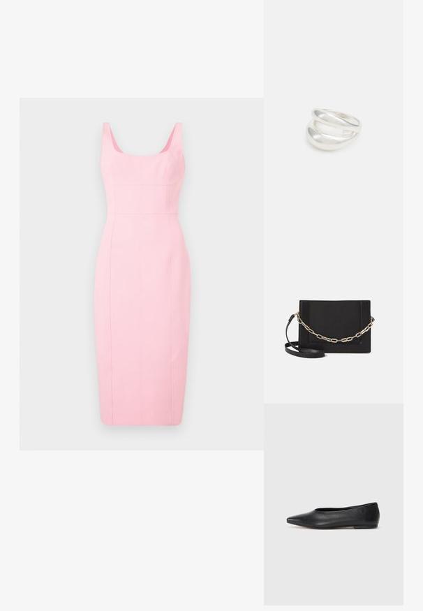 Blyertskjol i ljusrosa, med enFigurerad silhuett, breda band, fyrkantig halsringning och vertikal sömdekor längs kroppen.; Svart läderballetflat, spetsig tå, minimalistisk design, slät textur, låg klack, ingen synlig hårdvara eller utsmyckningar.; Svart läder crossbody-väska med en slät yta, rektangulär form och metallickedjedetalj på framsidan. Justerbar rem ingår.; Silver ring med dubbel band och en slät, polerad yta. Har en flödande, böjd design med överlappande sektioner för en modern stil.