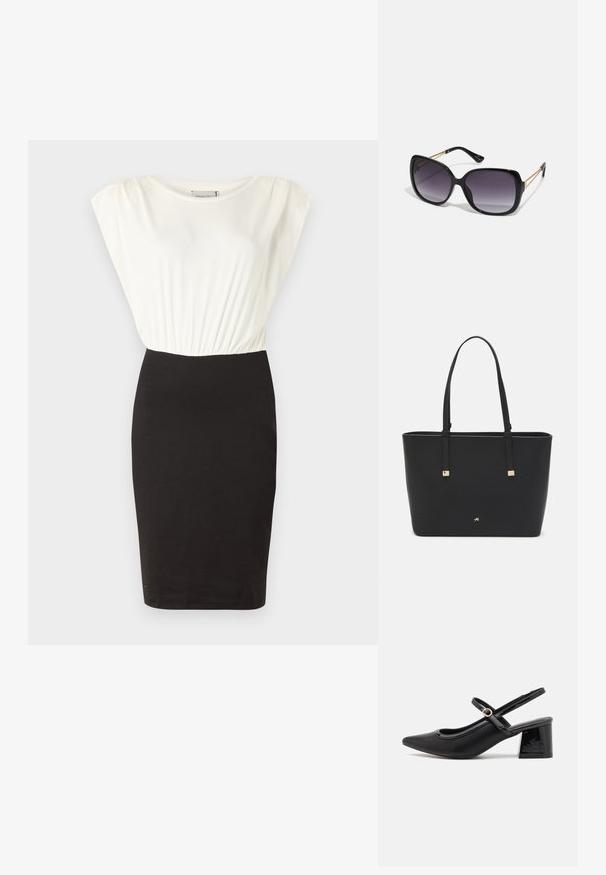 Vestido com um topo curto e branco e uma saia preta justa. Tecido suave com detalhe de cintura franzida, silhueta até ao joelho.; Sabrinas de cerâmica preta com salto bloco, bico apontado e um design com recortes arredondados. Apresenta um detalhe em fivela de tom dourado.; Óculos de sol oversized pretos com lentes degradê, armações grossas e detalhes em corrente dourada nas hastes.; Saco tote preto feito de material sintético, apresentando um design retangular simples, com detalhes quadrados dourados e duas alças.