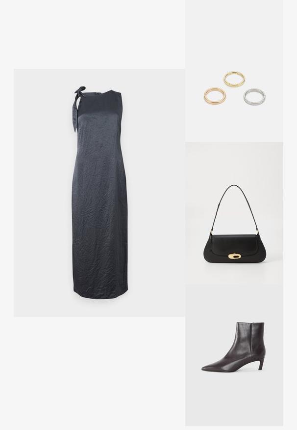 Rochie neagră fără mâneci, cu detaliu legat pe umărul stâng, realizată dintr-un material neted, creponat, având o siluetă dreaptă și o lungime până la genunchi.; Botine negre din piele, cu vârf ascuțit și toc mic, cu finisaj neted, fermoar lateral, prezentate pe un fundal neutru.; Geantă de mână din piele neagră, cu un design curbat, accesorii de culoare aurie și un mâner de sus. Dispune de o închidere elegantă și o textură netedă.; Trei inele din metal: unul roz aurie, unul auriu cu accente texturate și unul argintiu, toate cu branding gravat pe banda interioară.