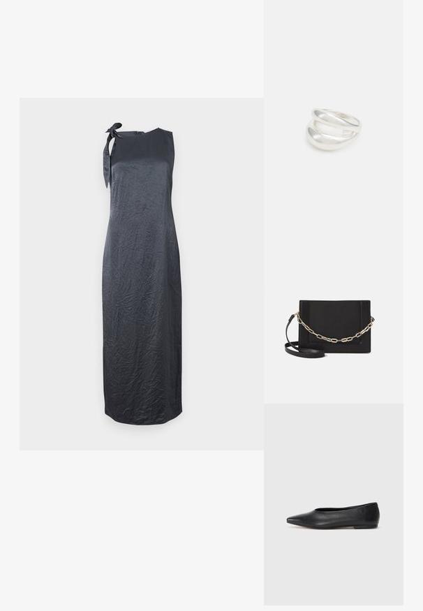 Juoda be rankovių suknelė su kaklo detale kairėje petnešoje, pagaminta iš lygaus, raukšlėto audinio, turinti tiesią siluetą ir kelių ilgį.; Juodas odinis baleto batas, su smailiu pirštu, minimalistinio dizaino, lygiu paviršiumi, žemo profilio kulnu, be matomos aparatūros ar papuošimų.; Juodas odinis per petį nešiojamas krepšys turi lygų paviršių, stačiakampio formą ir metalinę grandinėlę priekyje. Pridedama reguliuojama dirželis.; Sidabrinis dvigubas žiedas su lygiu, poliruotu paviršiumi. Pasižymi sklandžiu, kreiptu dizainu su persipinančiomis dalimis, suteikiančiomis modernų išvaizdą.