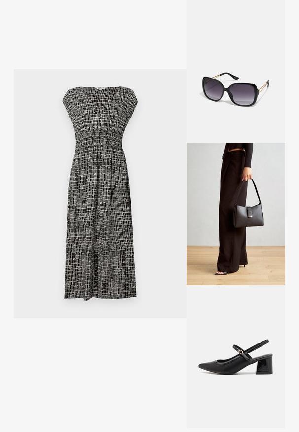 Fekete-fehér mintás ruha V-nyakkivágással, rövid ujjal, ráncolt mellel és egy lágy szoknyával, amely a vádli közepéig ér.; Fekete lakk bőr, pántos magassarkú cipő, hegyes orral, lekerekített kivágással és tömbsarkal. Arany színű csat díszíti.; Fekete, oversize napszemüveg fokozatos árnyalatú lencsékkel, vastag kerettel és arany színű lánc díszítéssel a szárakon.; Fekete kézi táska strukturált formával, sima textúrával és fémből készült záródással. Széles fekete nadrággal és nyitott orrú szandállal párosítva, fából készült padlón.