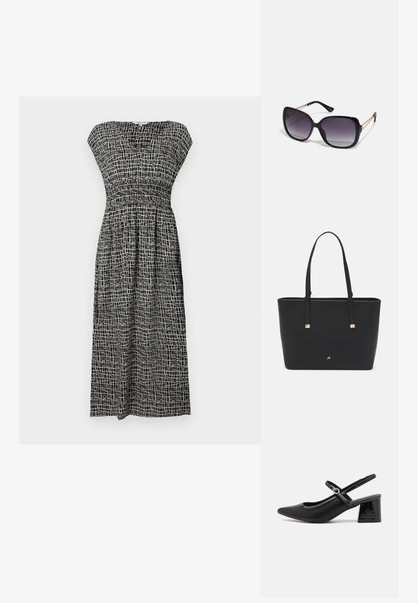 Šaty s čiernobielym vzorom, v výstrihu do V, s krátkymi rukávmi, smockovaným živôtikom a prúdnou sukňou, ktorá končí na úrovni pol lýtok.; Čierne lakované kožené lodičky so slingback dizajnom, špicatou špičkou, zaobleným výrezom a blokovým podpätkom. Obsahuje akcent zlatého tónu s prackou.; Čierne oversized slnečné okuliare s gradientovými sklíčkami, hrubými rámami a zlatým retiazkovým detailom na stranách.; Čierna taška na rameno vyrobená z syntetického materiálu, s jednoduchým obdĺžnikovým dizajnom, zlatými štvorcovými akcentami a dvojitými uchami.
