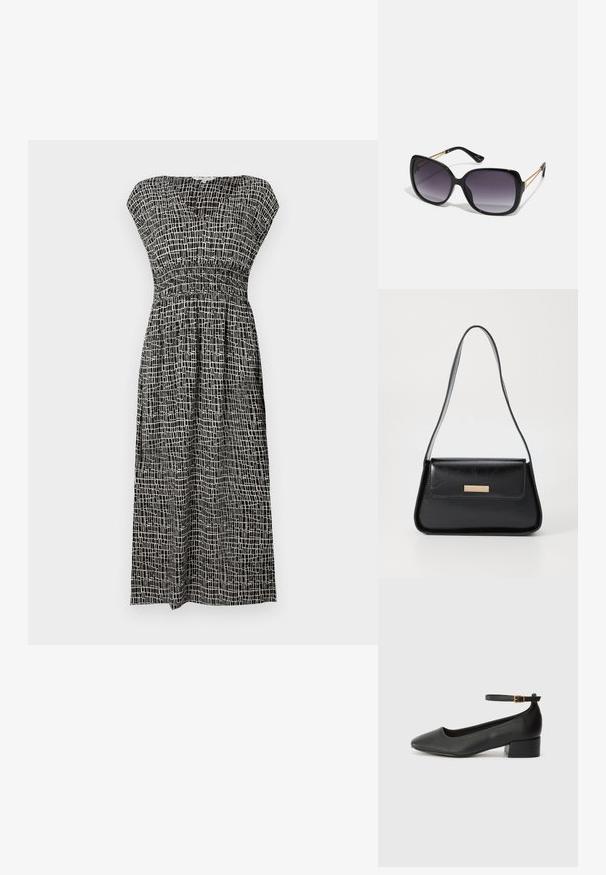 Black and white patterned dress with a v-neckline, cap sleeves, smocked bodice, and a flowing skirt that falls to mid-calf length.; Black leather pump with a pointed toe and a low block heel. Features an ankle strap with a gold-tone buckle. Smooth texture.; Black oversized sunglasses with gradient lenses, thick frames, and gold-tone chain detailing on the temple arms.; Black leather handbag with a structured triangular shape, slim strap, and gold-tone hardware featuring a logo plaque on the front flap.