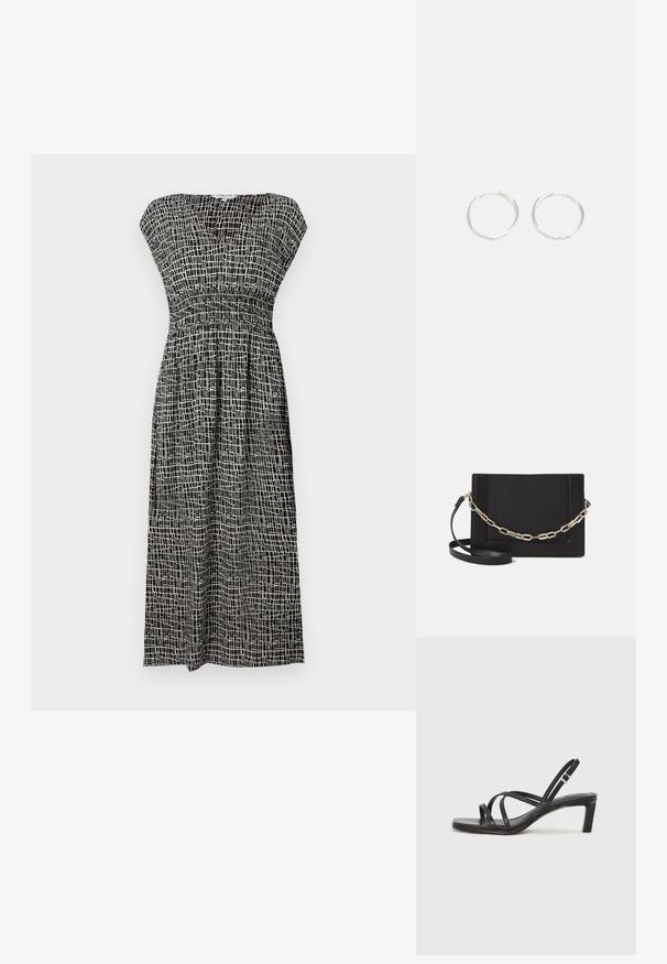 Robe à motifs noir et blanc avec un décolleté en V, manches courtes, corsage smocké et jupe fluide tombant au niveau du mollet.; Sandale noire à lanières avec un bout carré et un petit talon bloc. Elle présente plusieurs fines lanières et une sangle de cheville ajustable. Fabriquée en cuir lisse.; Sac bandoulière en cuir noir avec une texture lisse, de forme rectangulaire et un détail en chaîne métallique à l'avant. Sangle réglable incluse.; Boucles d'oreilles en argent avec un design rond et épuré, présentant une surface lisse et sans embellissements visibles. Diamètre non spécifié.