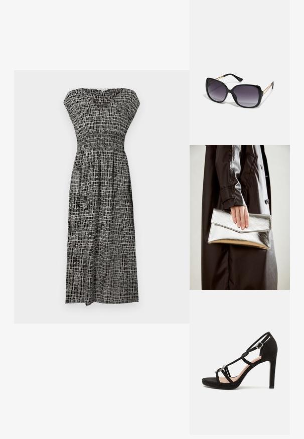 Černo-bílý šat s potiskem s véčkovým výstřihem, krátkými rukávy, zpevným korpusem a splývavou sukní, která sahá do poloviny lýtek.; Černé semišové sandály na vysokém podpatku s křížovými pásky, dekorativním stříbrným akcentem a platformou pro větší výšku.; Černé oversized sluneční brýle se gradientními skly, silnými rámy a zlatými řetízkovými detaily na nožičkách.; Stříbrná metalická kabelka ve tvaru klínového obálkového designu, hladké textury a s kontrastní barvou uvnitř, držena v ruce s černým kabátem.