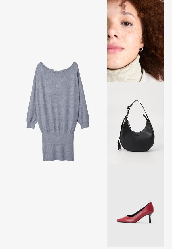 Sivý sveter s širokým výstrihom, dlhými rukávmi a rebrovaným lemom. Vyrobený z mäkkého, ľahkého materiálu s voľným strihom.; Červené kožené lodičky na vysokom podpätku s špičatým tvarom a tenkým čiernym podpätkom. Hladká textura s elegantným siluetom.; Čierna kožená taška cez rameno s vyklenutým tvarom, so zipsovým uzáverom a nastaviteľným popruhom. Na prednej strane je vyrazené logo značky.; Detailný záber na ženu s kučeravými gaštanovo-červenými vlasmi, ktorá má na sebe krémový rolák. Výrazné trblietavé náušnice v tvare kruhu. Na tvári sú viditeľné pehy.