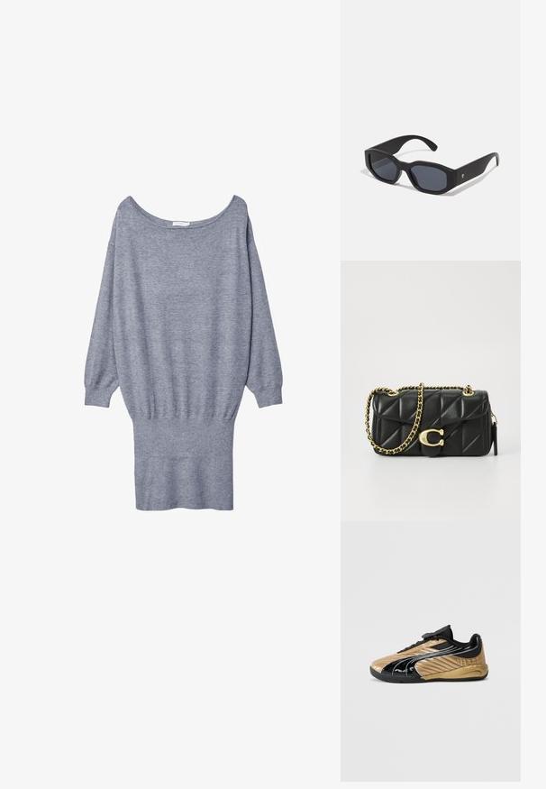 Gray sweater dress with a wide neckline, long sleeves, and ribbed hem. Made of soft, lightweight material with a relaxed fit.; Black and gold soccer shoes with a glossy finish, featuring textured patterns, smooth sides, and a lace-up closure. Rubber sole for traction.; Black sunglasses with rectangular frames, matte finish, dark lenses, and slightly curved arms. Subtle logo accent on one arm.; Black quilted leather handbag with a gold chain strap and a toggle clasp featuring a circular accent. Compact rectangular shape.
