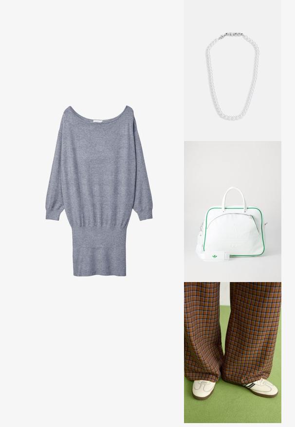 Robe pull grise avec un large col, des manches longues et un ourlet côtelé. Fabriquée en matériau doux et léger avec une coupe décontractée.; Un pantalon large à carreaux marron et bleu associé à des chaussures blanches avec des accents noirs et des semelles texturées, le tout sur fond vert.; Sac en cuir blanc avec des garnitures vertes, doté d'un logo en relief bien visible, de poignées doubles, d'une bandoulière amovible et d'une poche frontale zippée.; Collier de perles blanches à la texture lisse, doté d'un fermoir en argent embossé du mot "HUGO". Perles de taille uniforme dans un design classique.