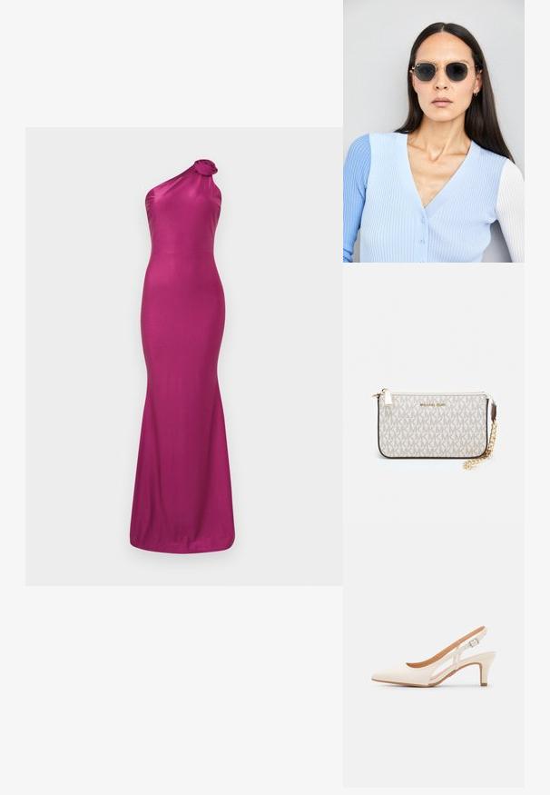 Fuksia, ühe õlavarrega õhtukleit siledast, läikivast kangast. Omab õlal lillekimp-detaili ja sobivat merineitsi siluetti.; Valge slingback konts, terava ninaga, siledast ülemisest materjalist, madala ploki kontsaga ja külgse nähtavusega ning reguleeritava pandla rihmaga.; Ringikujulised prillid tumedate läätsede ja kullast raamiga. Mudel on selga pannud helesinise soonikuga kardigani, millel on nupud ja kontrastsed valged varrukad.; Michael Korsi randmevõru beige kaetud kangast, millel on korduv MK logo muster, kuldne riistvara ja eemaldatav ahelistrap.