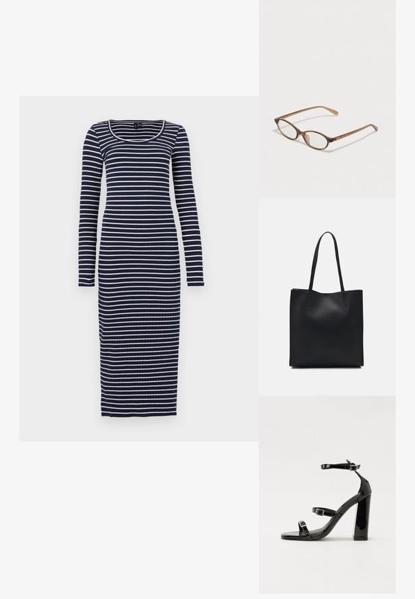 Μακρυμάνικο, ριχτό φόρεμα σε ναυτικό μπλε και λευκές οριζόντιες ρίγες με στρογγυλή λαιμόκοψη. Εφαρμοστή σιλουέτα, φτάνει στο ύψος της μέσης.; Μαύρες πατέντες σανδάλια με τακούνι, τετράγωνη μύτη, ιμάντες αστραγάλου και ασημένιες πόρπες. Διαθέτουν χοντρό μπλοκ τακούνι για σταθερότητα.; Καφέ τετράγωνα γυαλιά με οβάλ φακούς, λεπτούς βραχίονες και διαφανή στοιχεία. Διαθέτουν έναν διακριτικό λογότυπο στο μπράτσο. Κομψός, ελαφρύς σχεδιασμός.; Μαύρη δερμάτινη τσάντα tote με λείο υφή, ορθογώνιο σχήμα και δύο μακριές λαβές. Χωρίς ορατό υλικό ή διακοσμητικά στοιχεία.