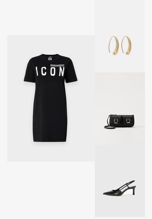 Svart bomull T-skjortekjole med korte ermer, rund hals og iøynefallende hvit "DSQUARED2 ICON" tekst over fronten.; Sorte patent slingback hæl med spids tå, featuring tekstureret slangeskind, justerbar rem og en kort, tekstureret blokhæl.; Svart skinn crossbody veske med to frontlommer, gyldne spenner, glidelåslukking og en slank stropp. Teksturert overflate og kompakt rektangulær form.; Gullfargede metalløredobber med en buet, forlenget form. Har en jevn, blank overflate og en avrundet tupp for ekstra detaljer.